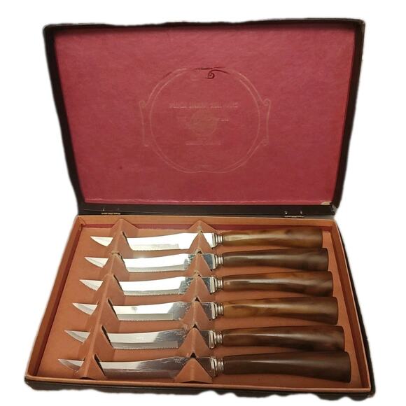 E. PARKER & SONS Vintage Steak Knives Sheffield Stainless Steel Blades Box Of 6 - Picture 1 of 8
